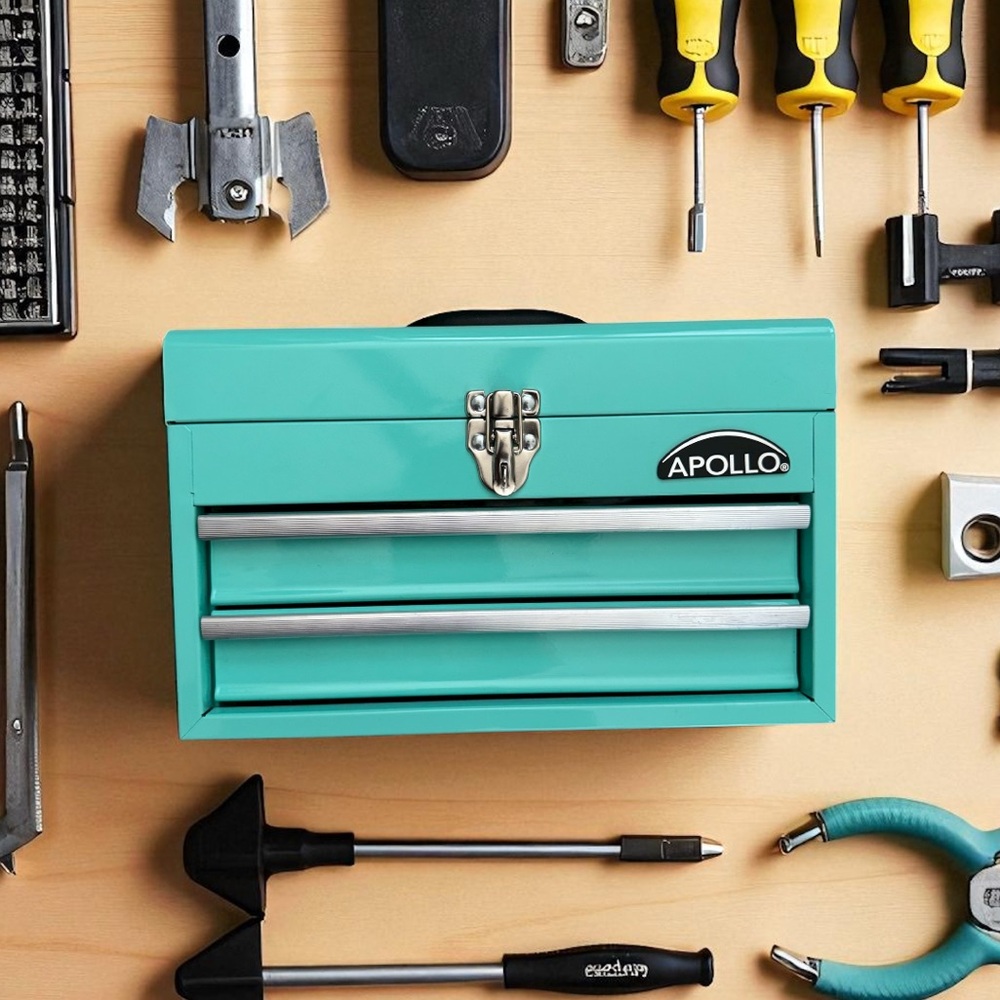 Apollo Tools DT5010-GR Steel Tool Box with Deep Top Compartment and 2 Drawers
